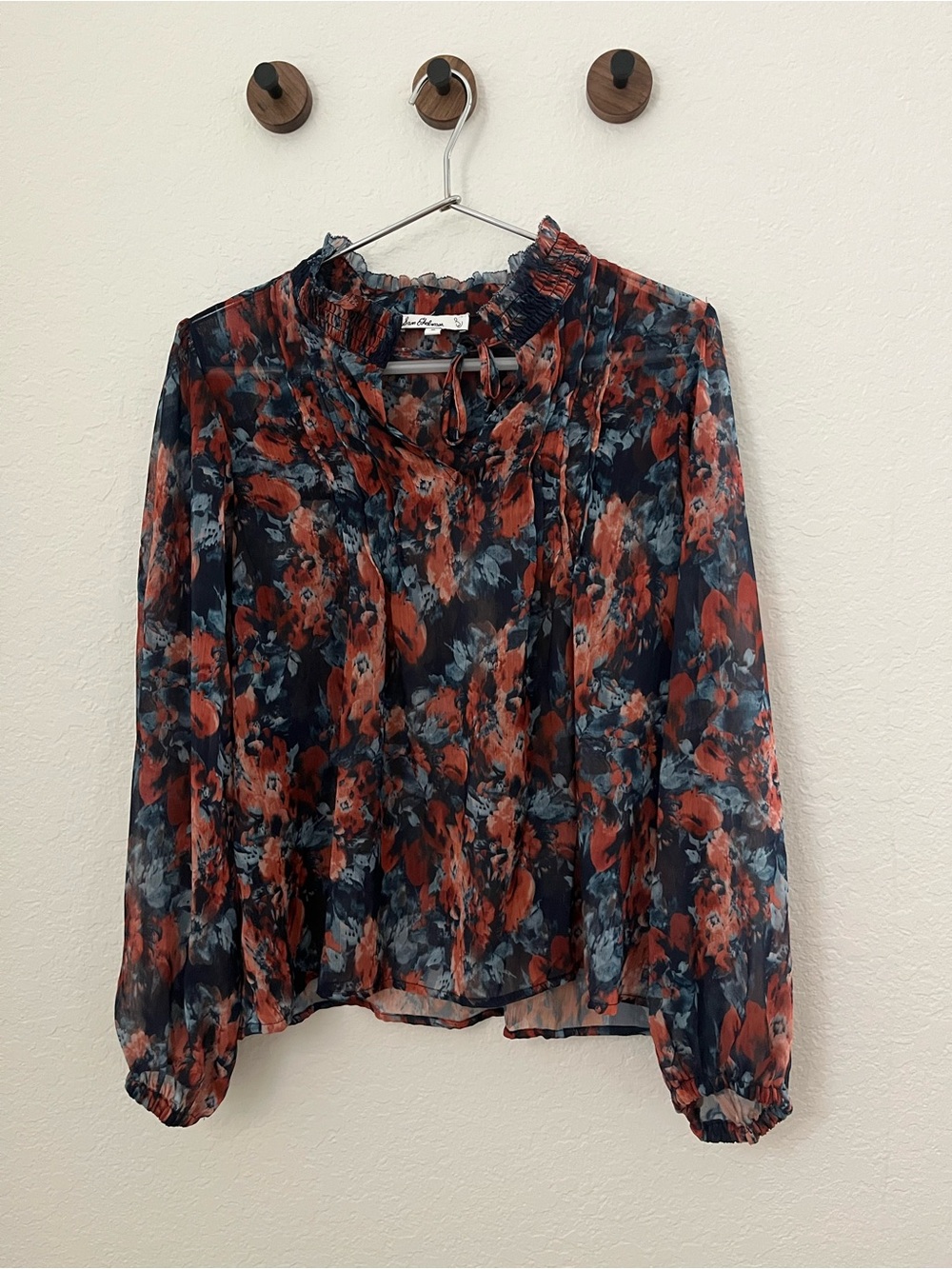 Sam Edelman Navy & Rust Floral Ruffle-Neck Blouse